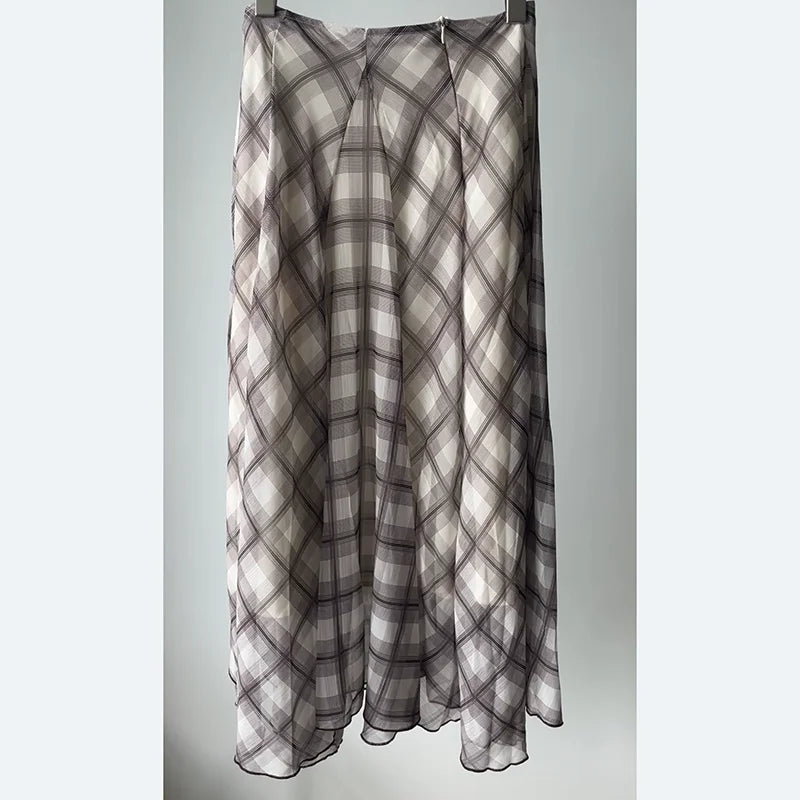 Flowing Check Midi Skirt 2025 Spring Summer New Retro Long Skirt Seaside Holiday Casual Brown Women Clothing.