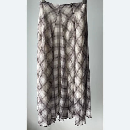 Flowing Check Midi Skirt 2025 Spring Summer New Retro Long Skirt Seaside Holiday Casual Brown Women Clothing.