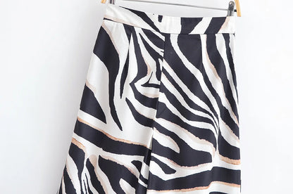 HH Women Pants Suit Fashion Zebra Stripes Single Breasted Sexy Sleeveless V-Neck Top+High Waist Zipper Casual Wide Leg Pants