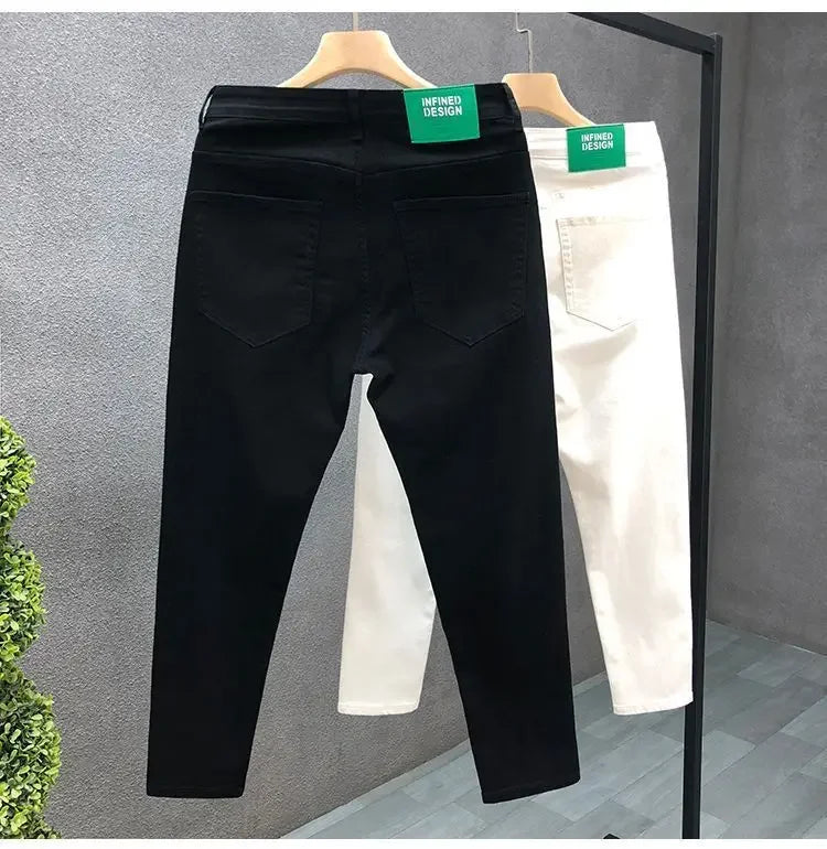 High-End Slim Fit Black White Men's Jeans Elastic Straight Leg Summer Thin Denim Casual Fashion Brand AE Stock Origin China.