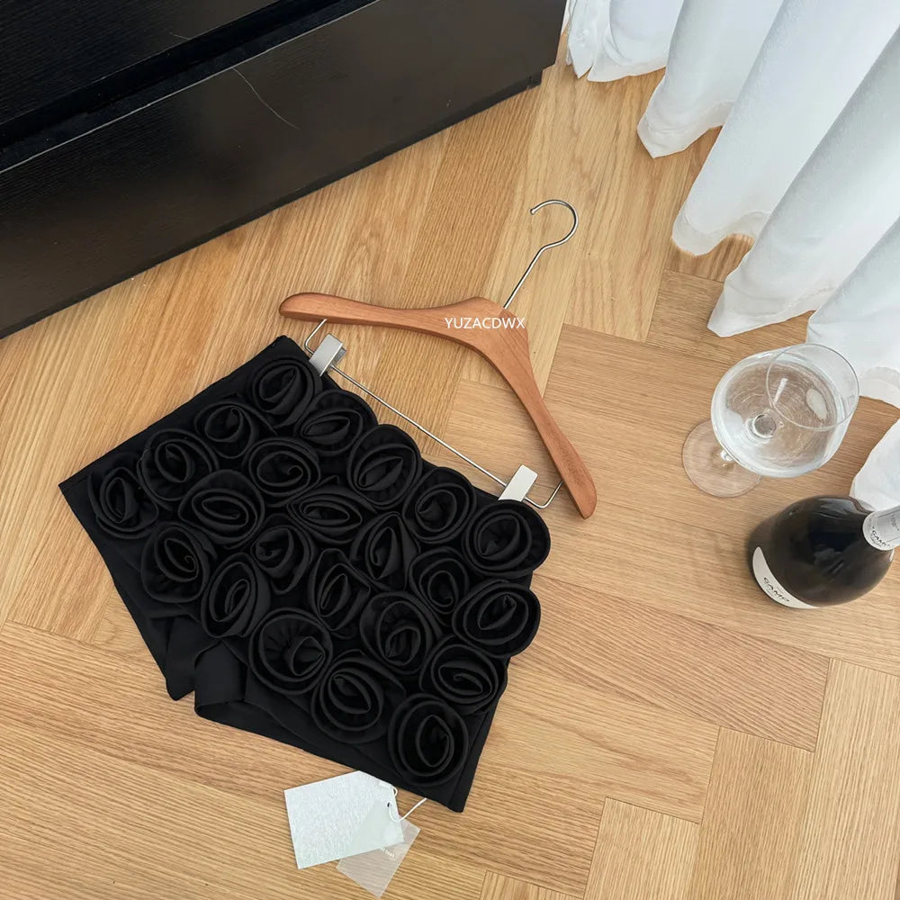 Three-dimensional decoration floral shorts y2k High street Red High waist mini skirt shorts Design Sexy  Women Clothing ﻿.