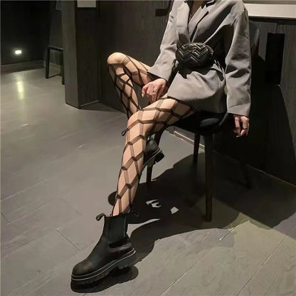 Women Sexy Patterned Fishnet Geometric patterns Pantyhose Slim Legs Long Mesh Tights Ladies Transparent Retro Fish Net Leggings