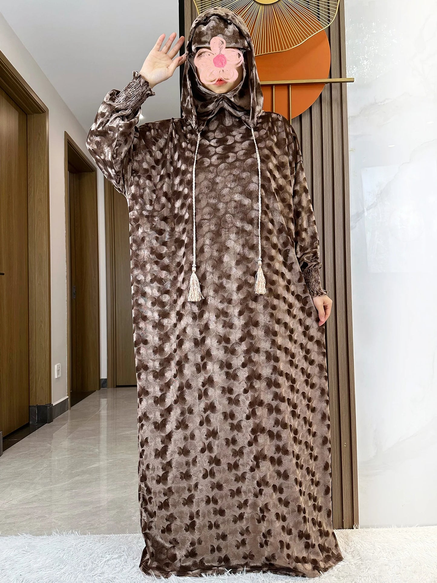 High Quality Velvet Fabric 2025 Ramadan Muslim Lady's Abaya Two-Hats Dubai Turkey Style Islamic Prayer Clothing Kaftan Dress.