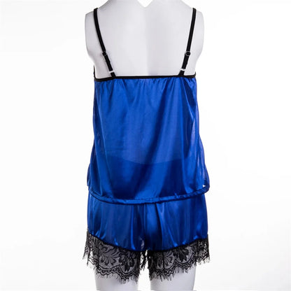 2 Stück sexy Pyjama Set Frauen sexy Spitze Patchwork Satin Seide Spaghetti träger Top heiße Shorts Pyjama Frauen Nachtwäsche Femme Pyjamas