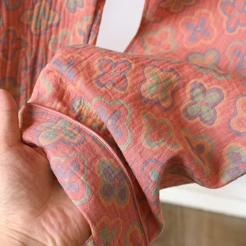 100% Cotton Crepe Homeclothes 2023 Autumn/Winter Women's Pajamas Suit Long-Sleeved Trousers 2-piece Yarn-Dyed Jacquard Pajamas