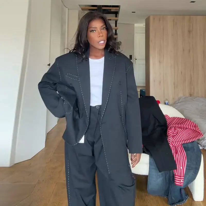 Fashion Line Suit Jackets Pants Sets Women Loose Lapel Double Breasted Blazer Pleated Wide Leg Pant 2025 Autumn Lady Office Suit.