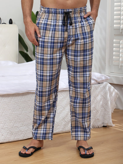 3Pcs Men's 100% Cotton Plaid Pajama Sleeping Pants, Long Plaid Print Sleepwear Pajama Pants with Elastic Waist Homewear.