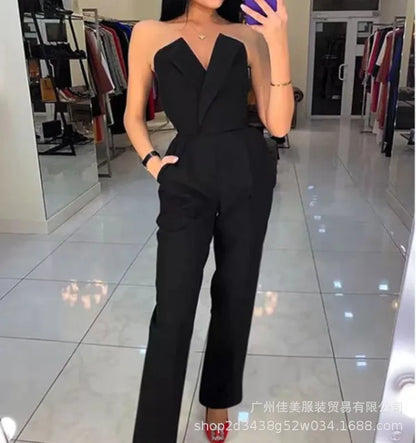2025 Women's Elegant Jumpsuits Solid Off Shoulder Sexy Club Jumpsuit Female Sleeveless High Waist Slim Wide Leg Jumpsuit Pants.