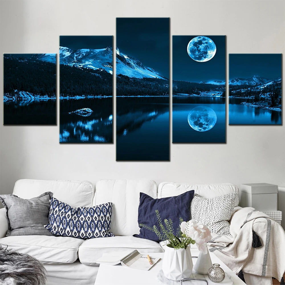 5 Pieces Modular Canvas Paintings for Living Room Wall Decoration Moon Night Reflection Picture Aesthetic Home Decor Photo Frame.