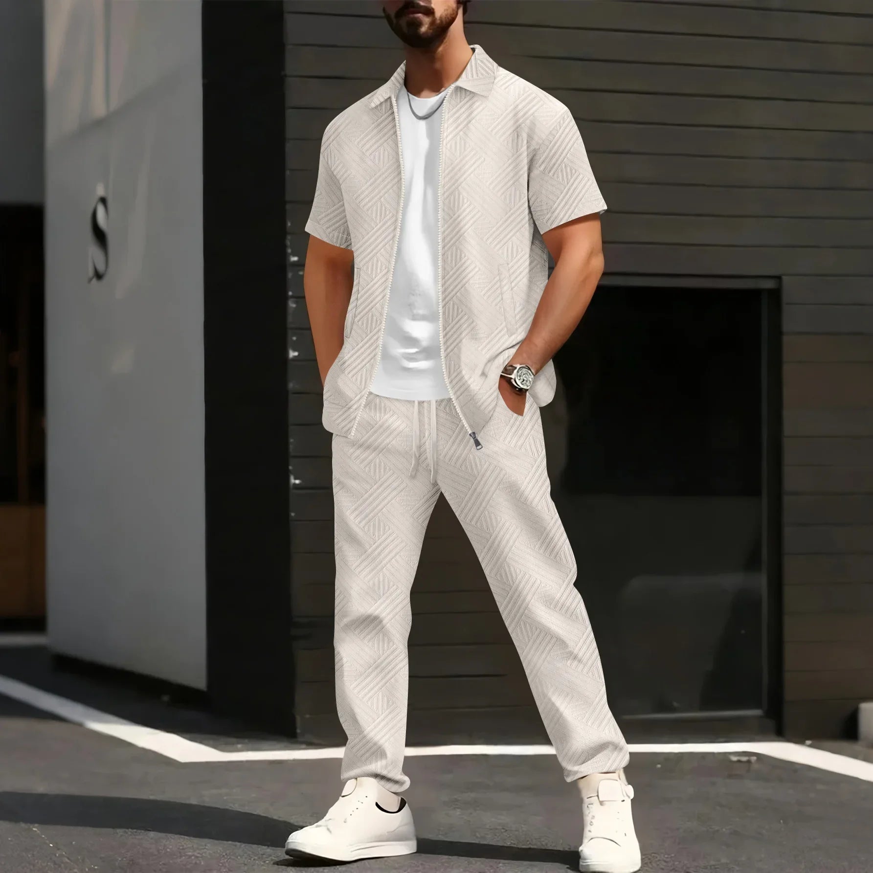 Men's Summer New Style Solid Color Knitted Short Sleeve Cardigan with Long Pants Casual Set Sporty Look from Mainland China.