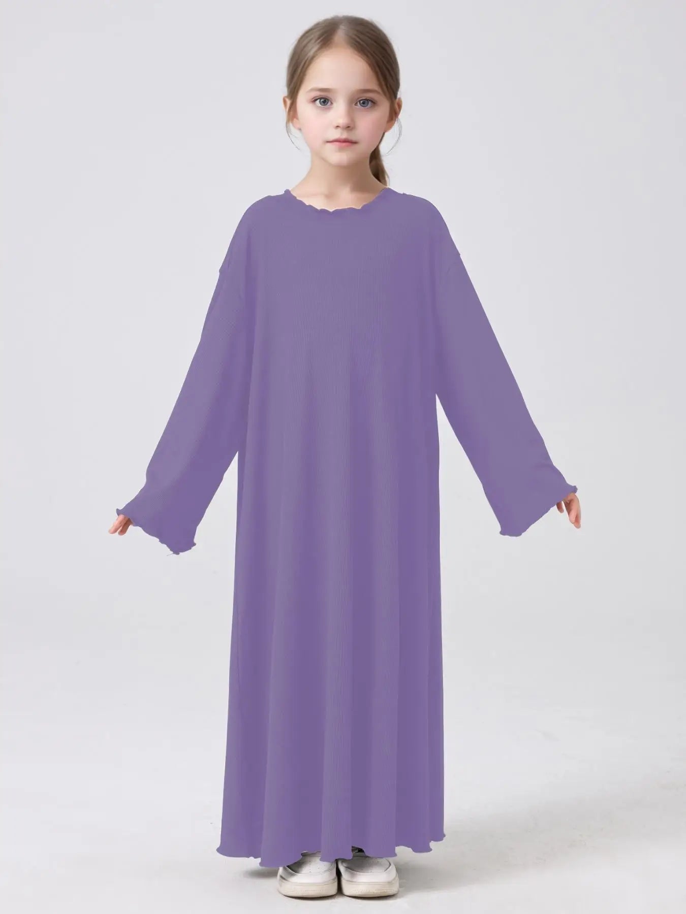 Middle Eastern Muslim Girls Princess Knitted Dress Wavy Edge Solid Color Robe.