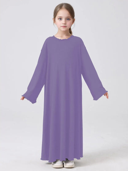 Middle Eastern Muslim Girls Princess Knitted Dress Wavy Edge Solid Color Robe.