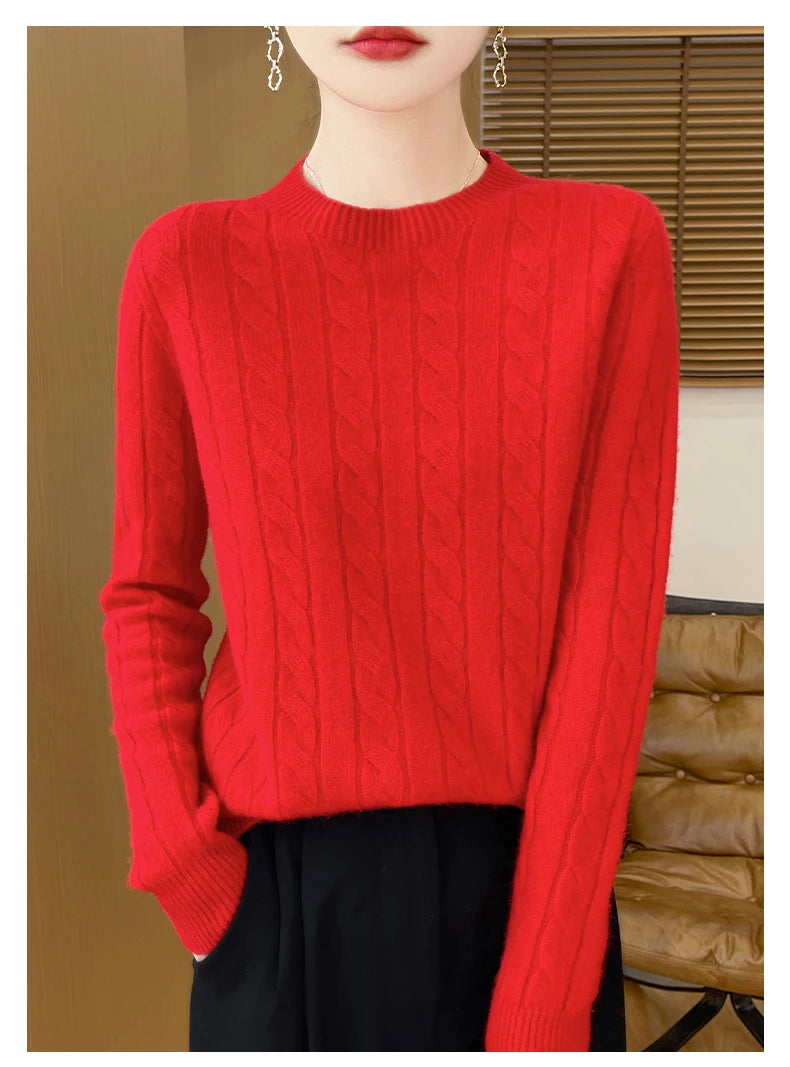 Frauen 100% Merino Wolle Verdickung Pullover Oansatz Gestrickte Twisted Pullover Herbst Winter Kaschmir Langarm Kleidung Basis Tops