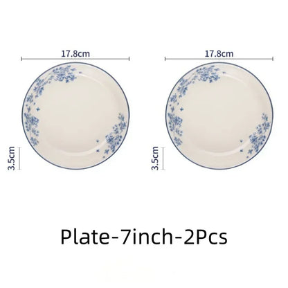 SOLECASA English Retro Ceramic Tableware Blue Flowers Pattern Household Salad Bowls Steak Plate Fruit Dessert Plates Dinnerware.