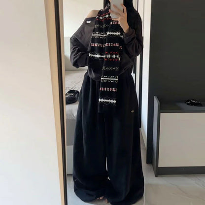 Oversize Cotton Pants Woman Y2K Casual Drawstring Trousers Korean Streetwear High Waist All Match Jogger Pants Grey Sweatpants.