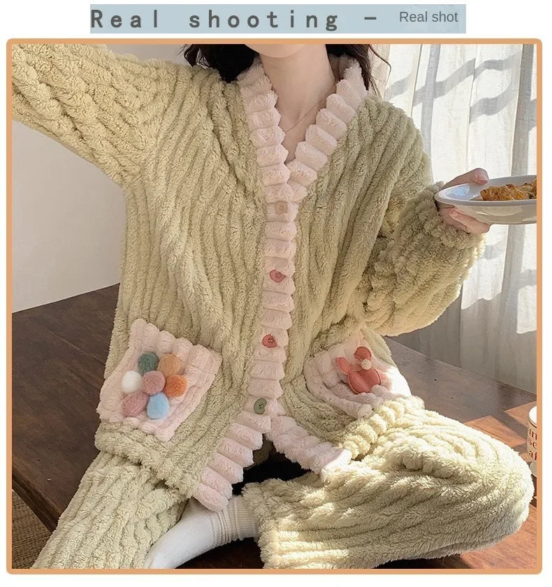 Verdickte Warme Flanell Frauen Nachtwäsche Loungewear Strickjacke Anzug Winter Süße Kawaii Weiche Fee Wind Damen Pyjamas Homewear.