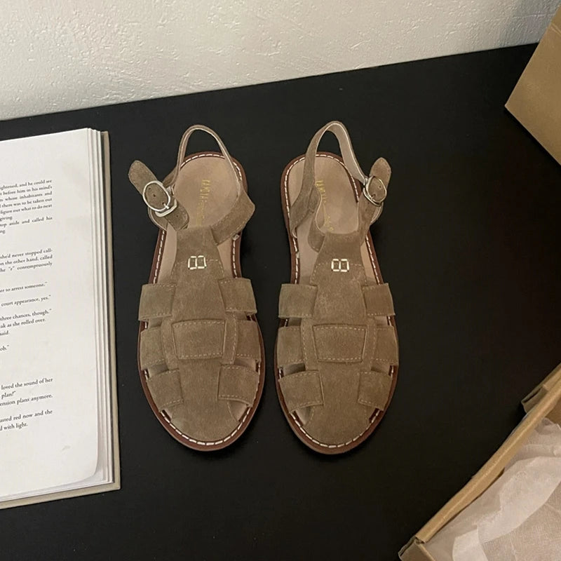 DIMANYU Women's Roman Sandals 2023 Summer New Flat Retro Real Leather Ladies Sandals Hollowed Women's Cage Shoes.