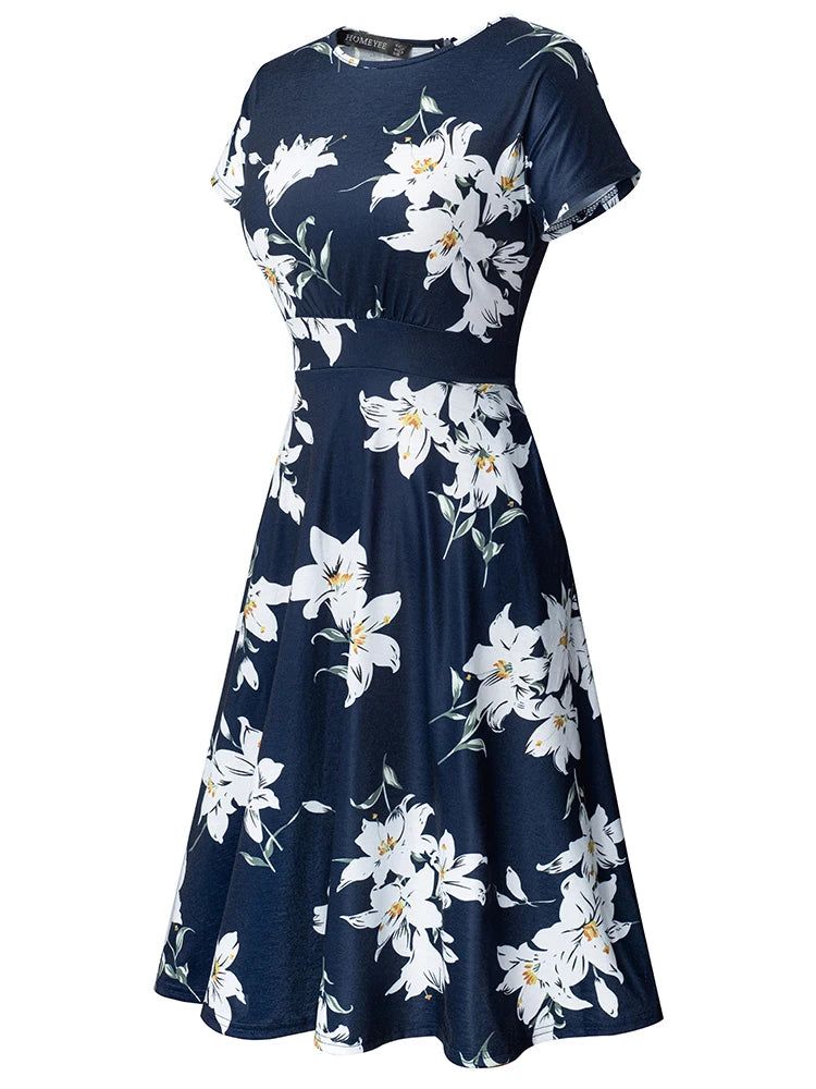 Nice-forever Vintage Elegante Blumen Druck Plissee Rundhals vestidos A-Line Pinup Business Party Frauen Flare Swing Kleid A102.