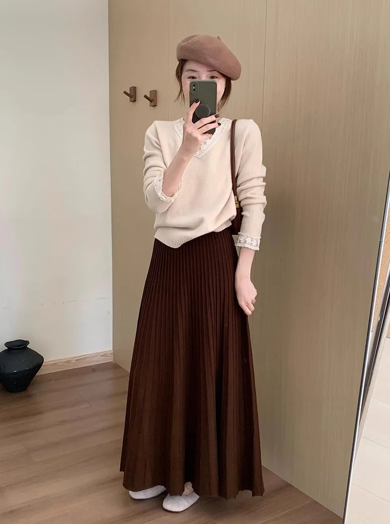 2026 Khaki Cashmere Knitted Midi Skirt for Women, Loose Fit, Draped, Slimming A-Line Pleated Skirt for Autumn and Winter