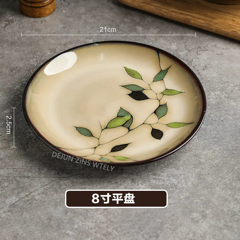 1Pc Vintage Bamboo Leaf Ceramic Bowl Salad Plate Exquisite Ceramic Cutlery Household Noodle Bowl Western Steak Cake Sushi Plate