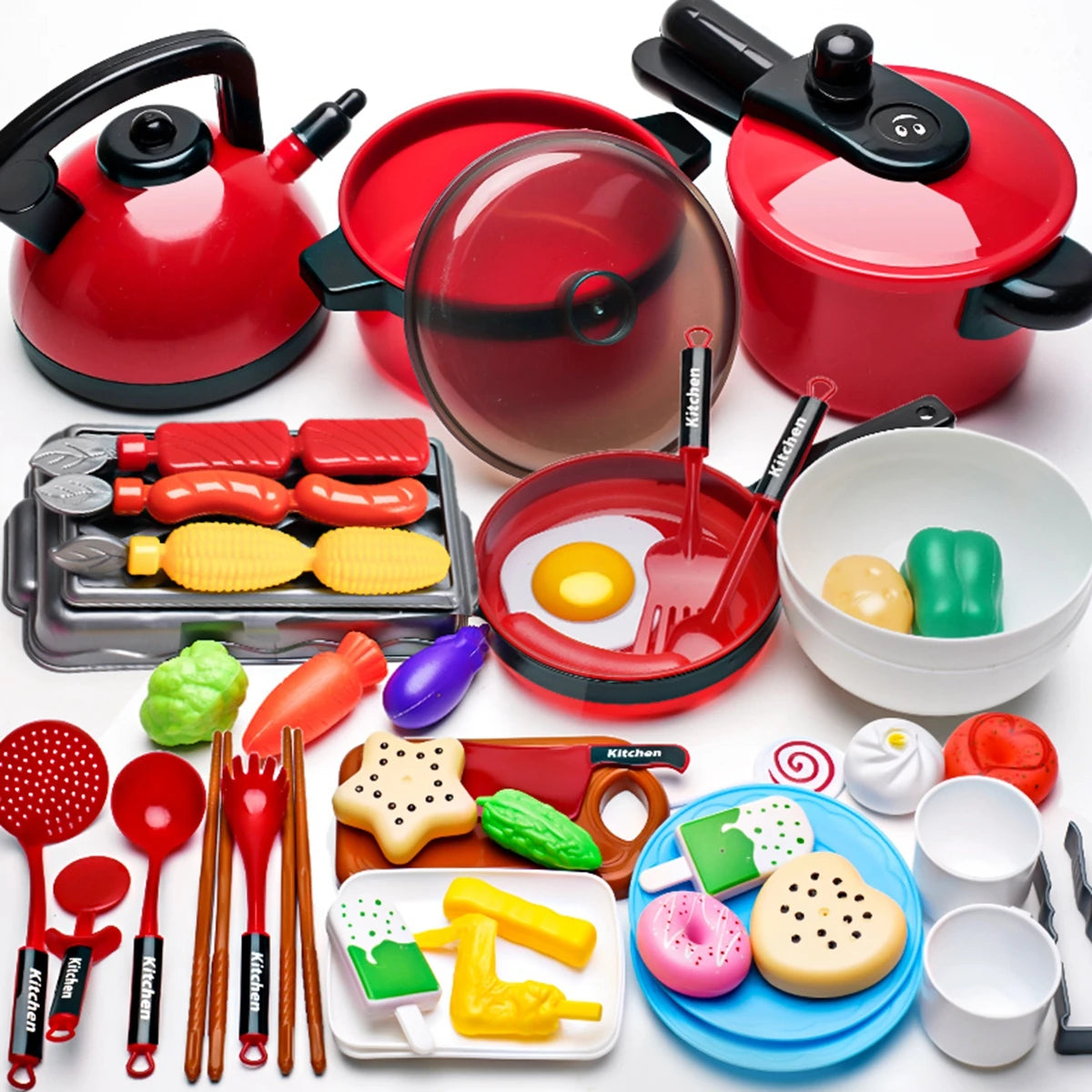 Children's simulation high-detail red cooking kitchen utensils, home school use chef pretend play set suitable for 3 4 5 6 years.