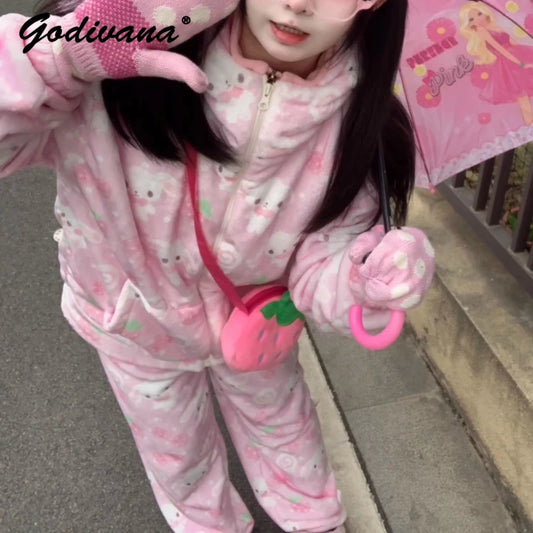 Japanese New Winter Sweet Cute Cartoon Rabbit Flannel Pajamas Set Daughter Girls Pink Thickened Loungewear Women's Sleepwear.
