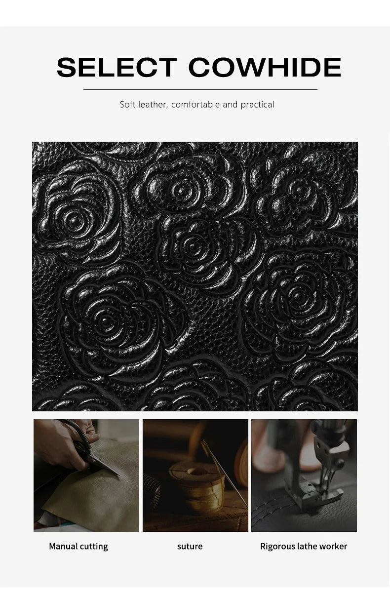 Leather handbag high sense handbag top layer leather rose pattern slung shoulder bag.