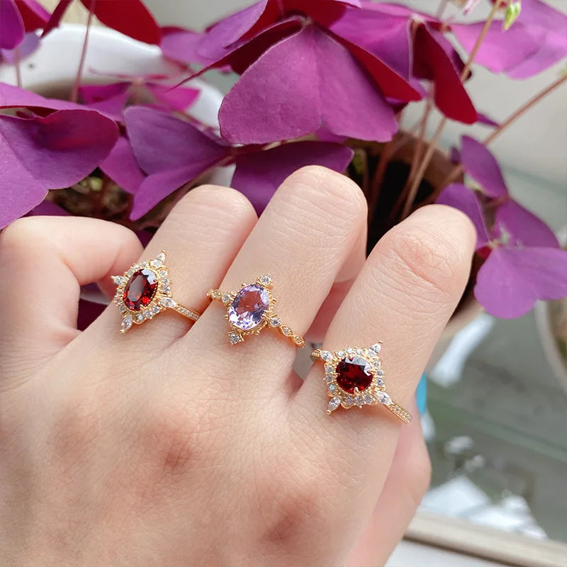 LAMOON Vintage Gemstone Ring Natural Garnet Rings For Women 925 Sterling Silver K Gold Plated Crystal Wedding Engagement RI182.