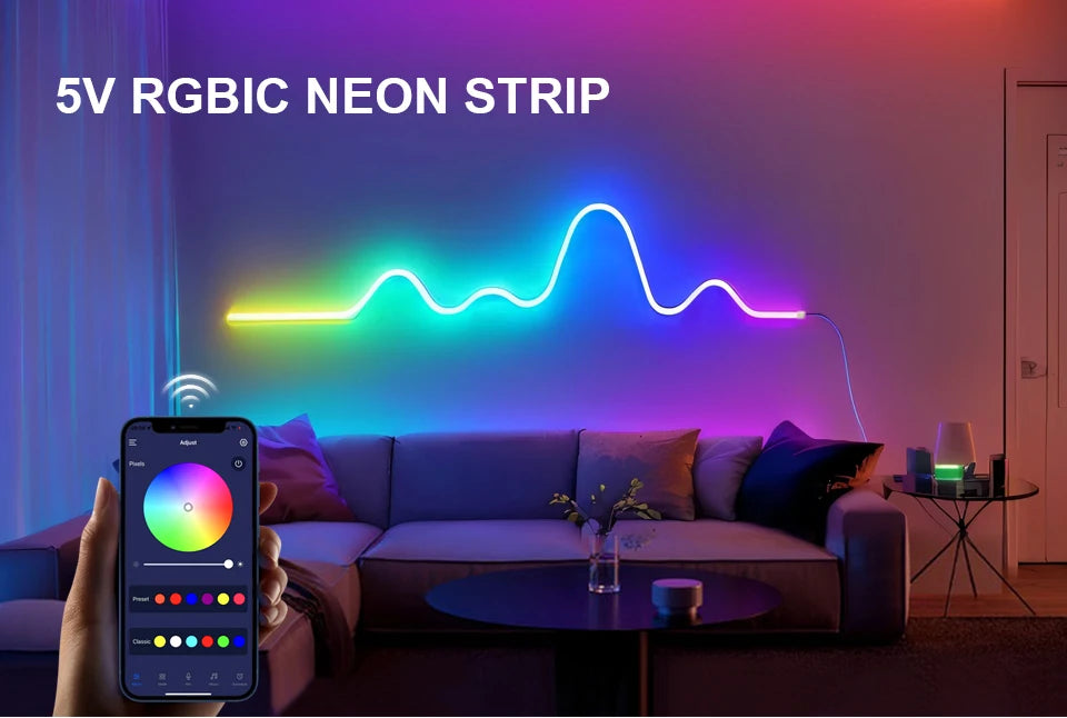 Bluetooth RGBIC WS2812 5V Dream Color RGB LED Neon lights Waterproof Soft Tube Flexible Dimmable Ribbon Tape Lamp TV Room Decor.