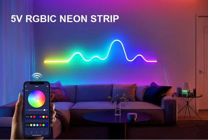 Bluetooth RGBIC WS2812 5V Dream Color RGB LED Neon lights Waterproof Soft Tube Flexible Dimmable Ribbon Tape Lamp TV Room Decor.