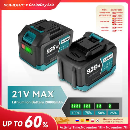 YOFIDRA 388VF 928VF wiederaufladbarer Lithium-Akku, 22500 mAh, 15000 mAh, Li-Ionen-Akku für elektrische Kettensäge, Bohrschlüssel, Elektrowerkzeug