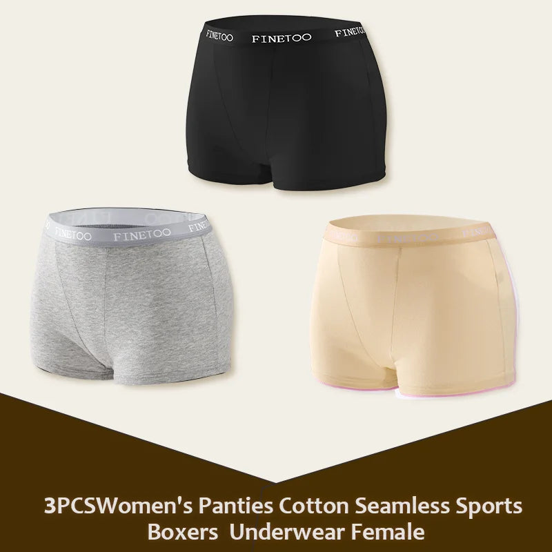 3Pcs Women's Panties Cotton Seamless Sports Boxers Underwear Female Solid Color Briefs Lingerie Intimate Underpant Finetoo S-XXL