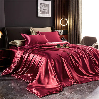 Solid Silk Bedding Set with Duvet Cover Bed Sheet Pillowcases Luxury Satin Single Double Bedsheet King Queen Twin Size.
