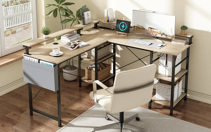 Großer Eckschreibtisch L-Form mit Regal, Monitorständer, Ablage, flexibel montierbar, Beige