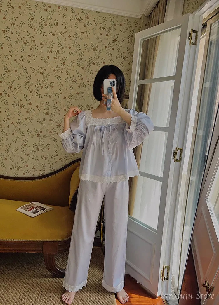 Sweet Spring Autumn Pure Cotton Women's Long Sleeve Pajama Set Loose Female Sleepwear Suits Royal Pyjama Home Wear Plus Size.