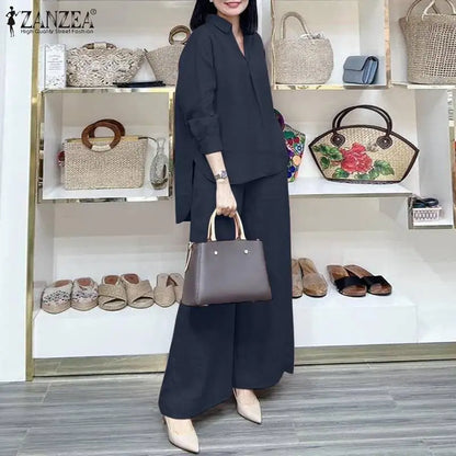 ZANZEA Fashion Women Casual Trousers Suits 2PCS Autumn Long Sleeve Blouse Solid Wide Leg Pants Sets Loose Work Tracksuit Outifit.