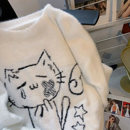 Vintage Preppy Kawaii Cartoon Jacquard Pullover Süße Harajuku Lose Grunge Pullover Y2k Ästhetische Frauen Weiße Gestrickte Pullover.