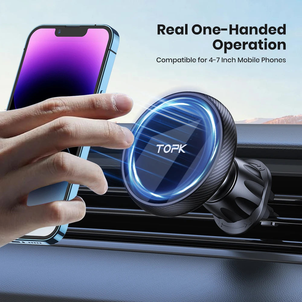 TOPK for Magsafe Car Phone Holder,Powerful Magnetism Premium Quality Single-Hand Operation Metal Hook Magnetic Car Phone Mount.