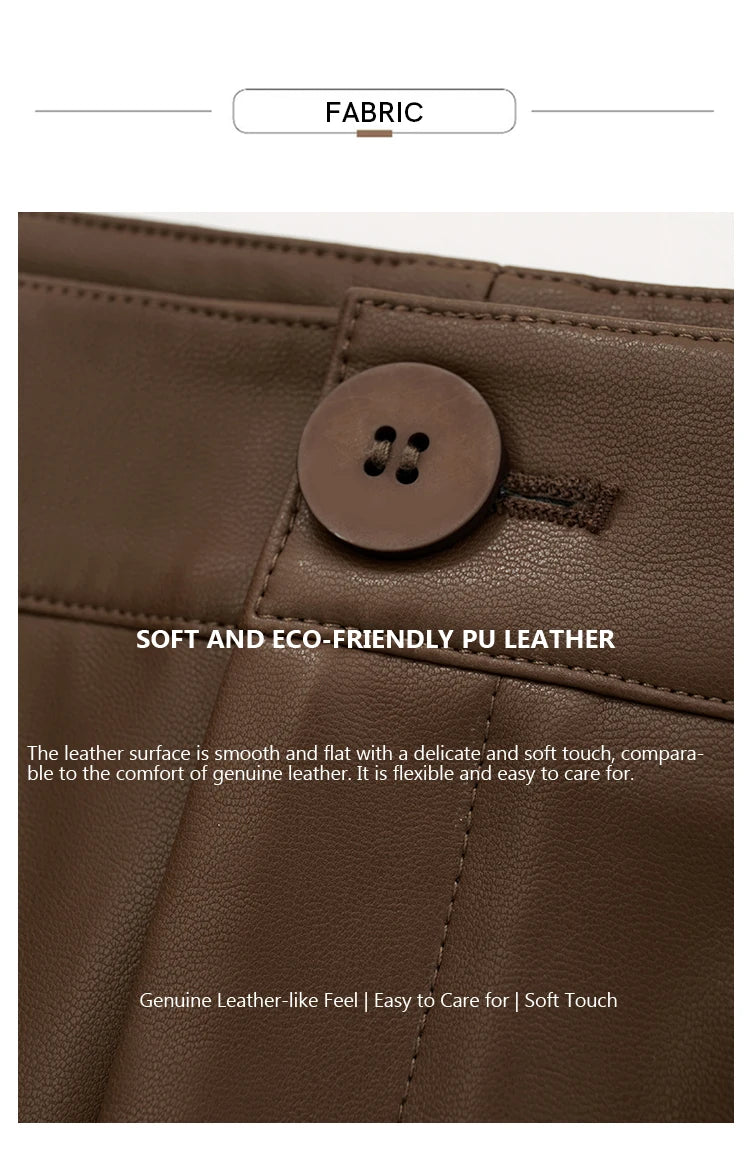 AMII Minimalist Casual Pants for Women 2025 Autumn Clothing PU Leather Loose Straight Pants Slit Office Lady Trousers 12343250.