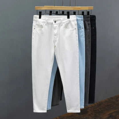 White Jeans Men's Slim Straight Ankle-length Soft Comfort Elastic Denim Trousers Fashion Korean Basic Casual Pencil Pants.