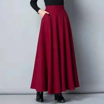 Autumn Winter Black Gray Large Size Woolen Long Skirt Women Fashion Korean Ladies Red High Waist Festival Pleated A-line Skirts.