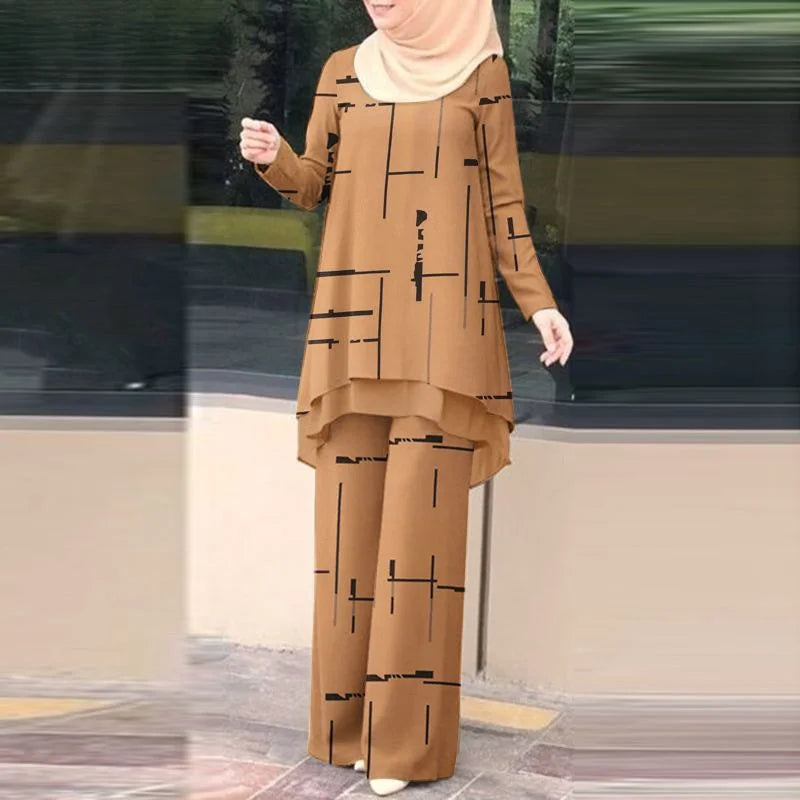 Vintage Stylish Muslim Suit 2PCS Long Sleeve Blouse Pant Sets Islamic Clothing Female Casual Floral Printed Matching Sets.