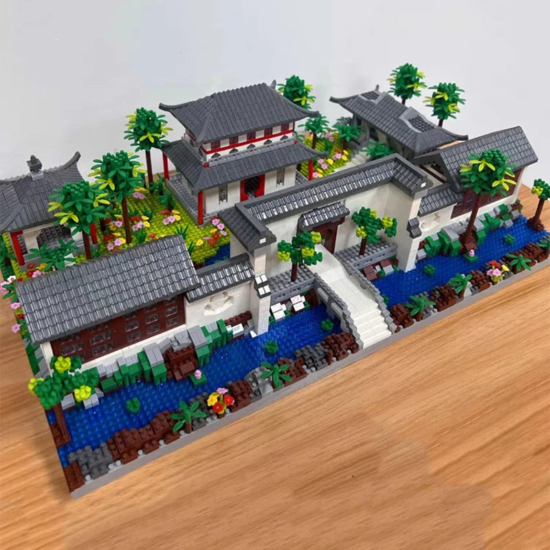 Lezi Architecture Ancient Pavilion Temple Tower Lake Garden Gate LED Light Model Mini Diamond Blocks Bricks Building Toy no Box.