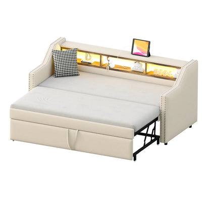 Ausziehbares Schlafsofa 90/180 x 190 cm, multifunktionales Aufbewahrungsfach, LED-Licht und USB-Buchse, mit Gitter, Dunkelgrau