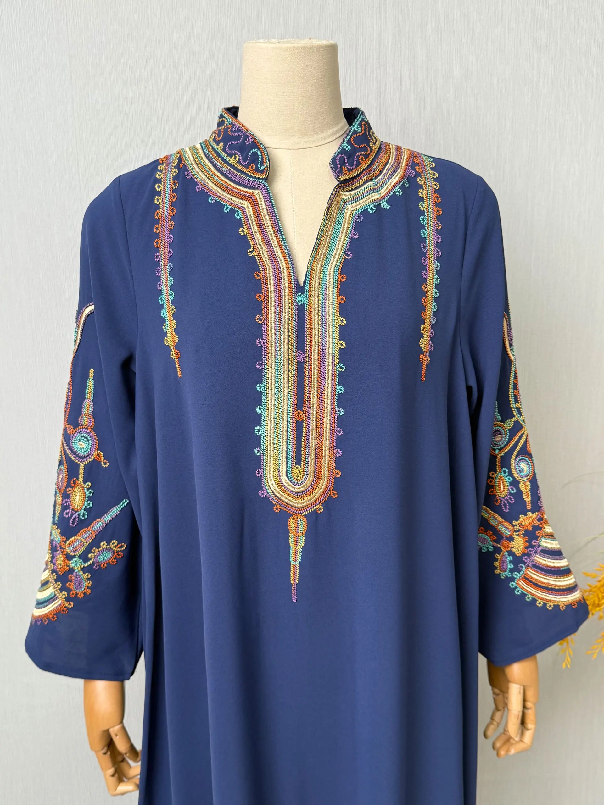 New Dubai Luxury Navy Blue Muslim Abaya Colorful Intricate Embroidery on Neckline Sleeves for Middle Eastern Weddings End Iftar.