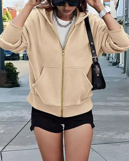 New Solid Color Zipper Splicing Hooded Coat, Women's Autumn Leisure Loose Sports Hooded Long Sleeve Coat Sweatshirt..