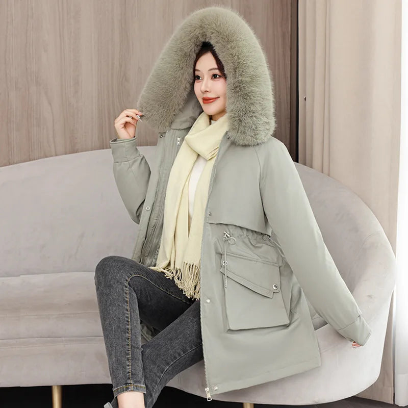 Winter dame Winter Stepp Mantel Abnehmbare Futter Pelz Kragen Gürtel Parka Jacke Für Frauen Verdickt Thermische frauen Mantel
