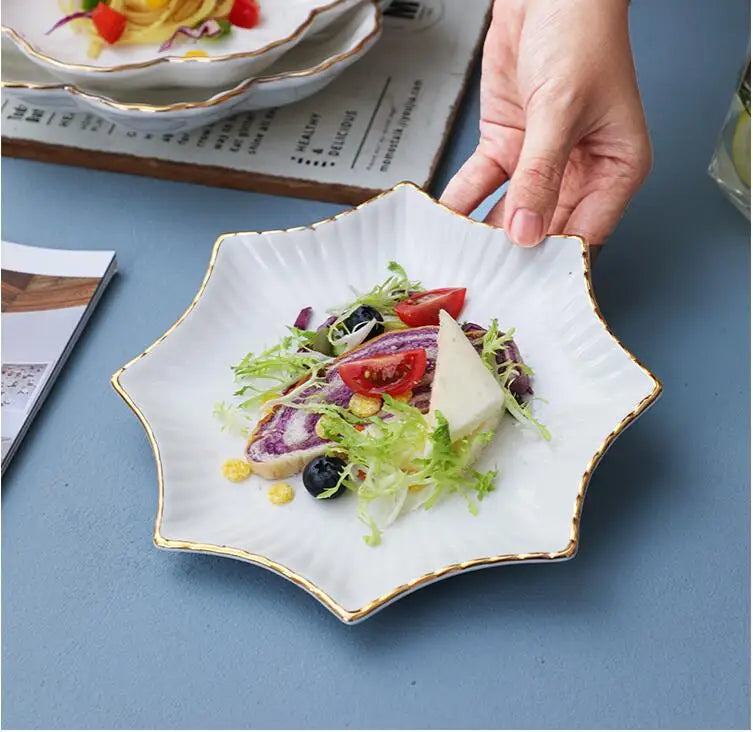 European Golden edged ceramic plate creative home serving plate special-shaped ceramic cutlery dinner plates fruit snack plates.