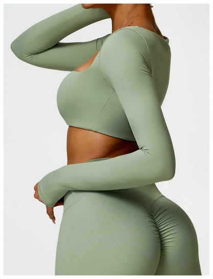 Hearuisavy Casual Quick Dry Sportswear Women Square Neck Gym Top Women Fitness Sports Crop Top Female Long Sleeve Yoga Clothing