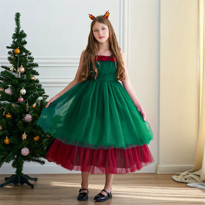Mädchen Rot Grün Weihnachten Ballkleid Kinder Hochzeit Ball Party Abendkleid Prinzessin Vestido Kinder Karneval Leistung Kleidung.